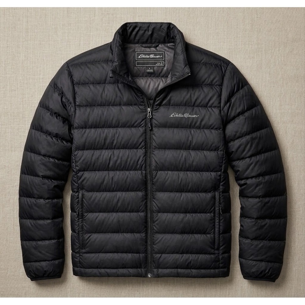Eddie Bauer EB650 Down Puffer Jacket Mens Large Black Hiking Outdoor Gorpcore